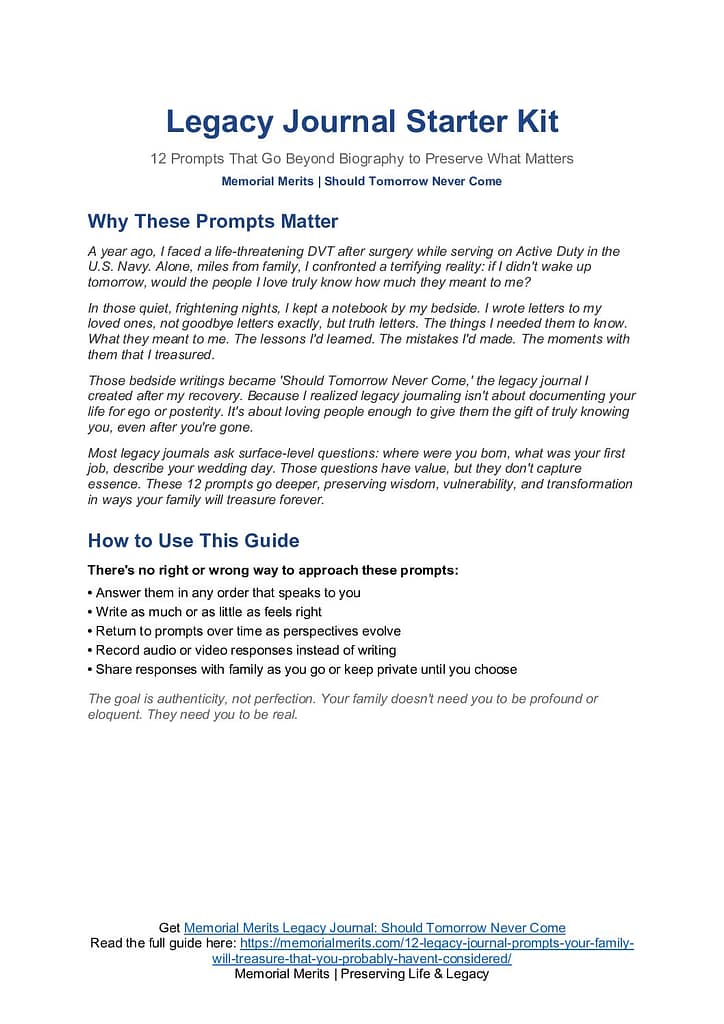 First page preview of the Legacy Journal Starter Kit from Memorial Merits with guided prompts for capturing personal stories, values, and life lessons