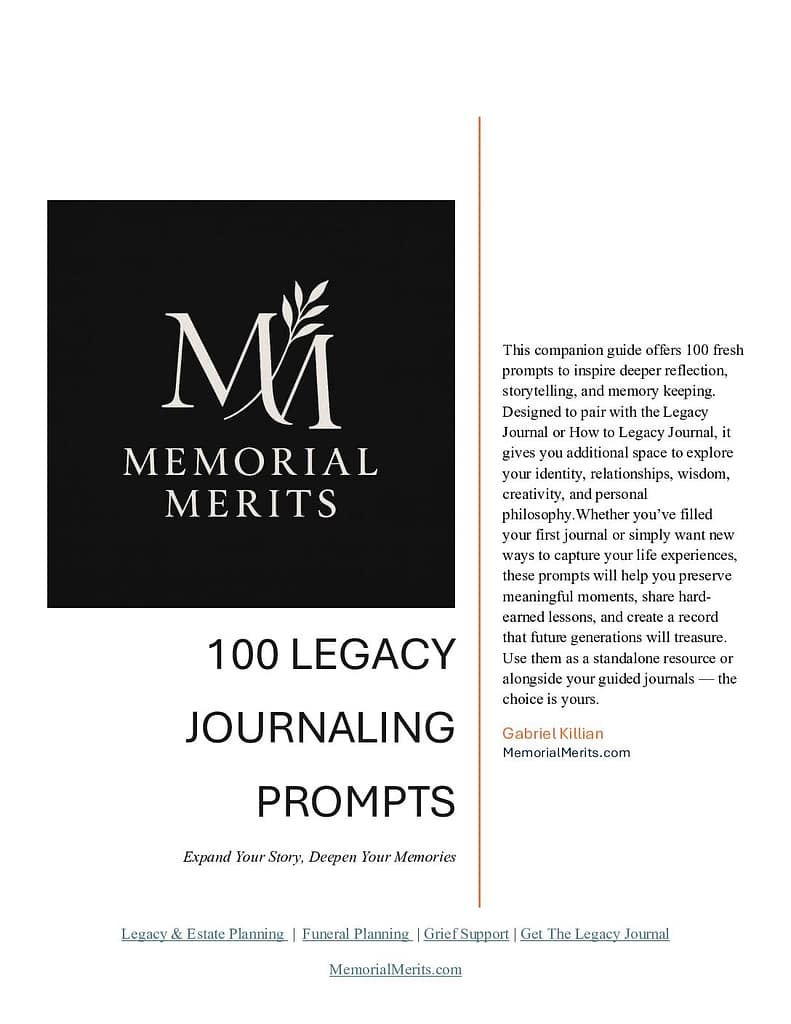 First page preview of the Legacy Journal Starter Kit from Memorial Merits with guided prompts for capturing personal stories, values, and life lessons