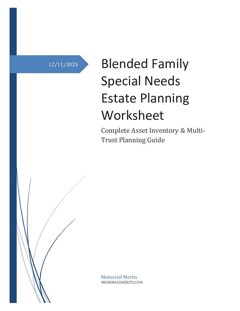 First page preview of the Blended Family Special Needs Estate Planning workbook from Memorial Merits addressing estate planning complexities for blended families with disabled dependents