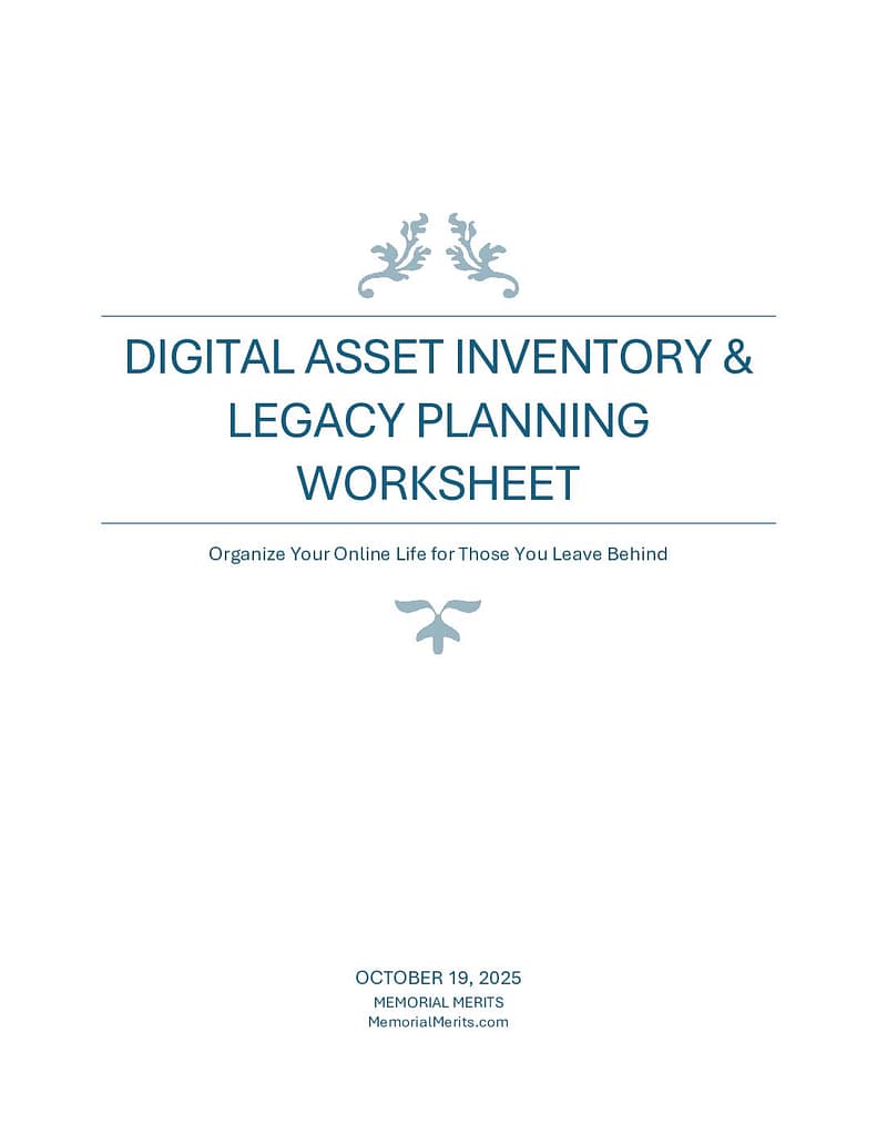 First page preview of the Digital Asset Inventory Worksheet from Memorial Merits for cataloging online accounts, digital property, and access credentials