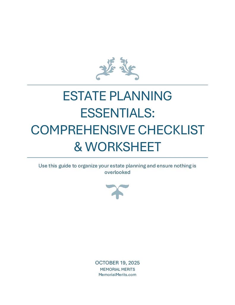 First page preview of the Estate Planning Essentials Checklist from Memorial Merits covering core documents and decisions for a complete estate plan
