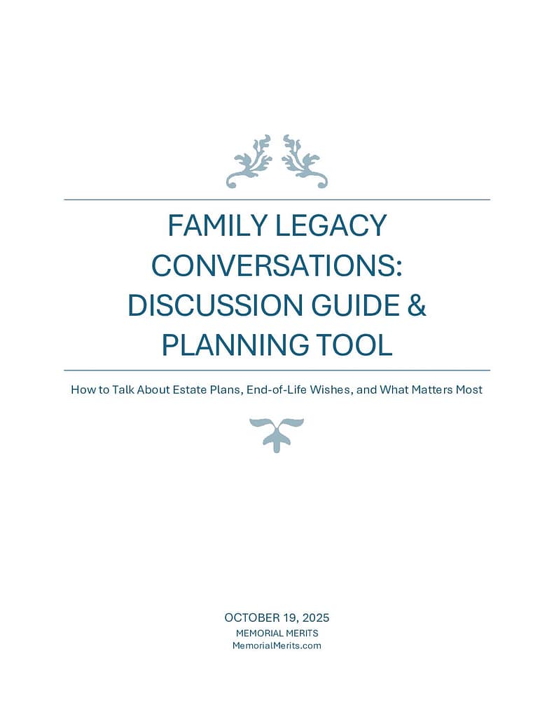 First page preview of the Family Legacy Conversations Guide from Memorial Merits with frameworks for initiating meaningful family discussions about values, wishes, and memories