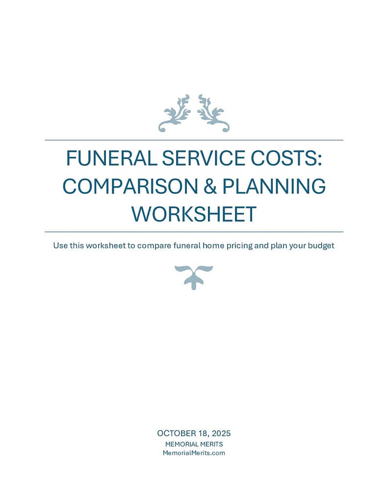First page preview of the Funeral Service Costs Comparison and Planning Worksheet from Memorial Merits for comparing funeral home pricing and budgeting