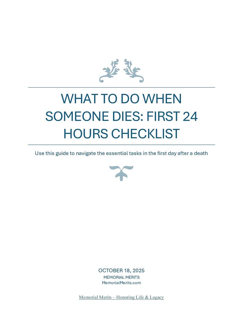 First page preview of the First 24 Hours After Death Checklist from Memorial Merits listing immediate actions required when someone dies