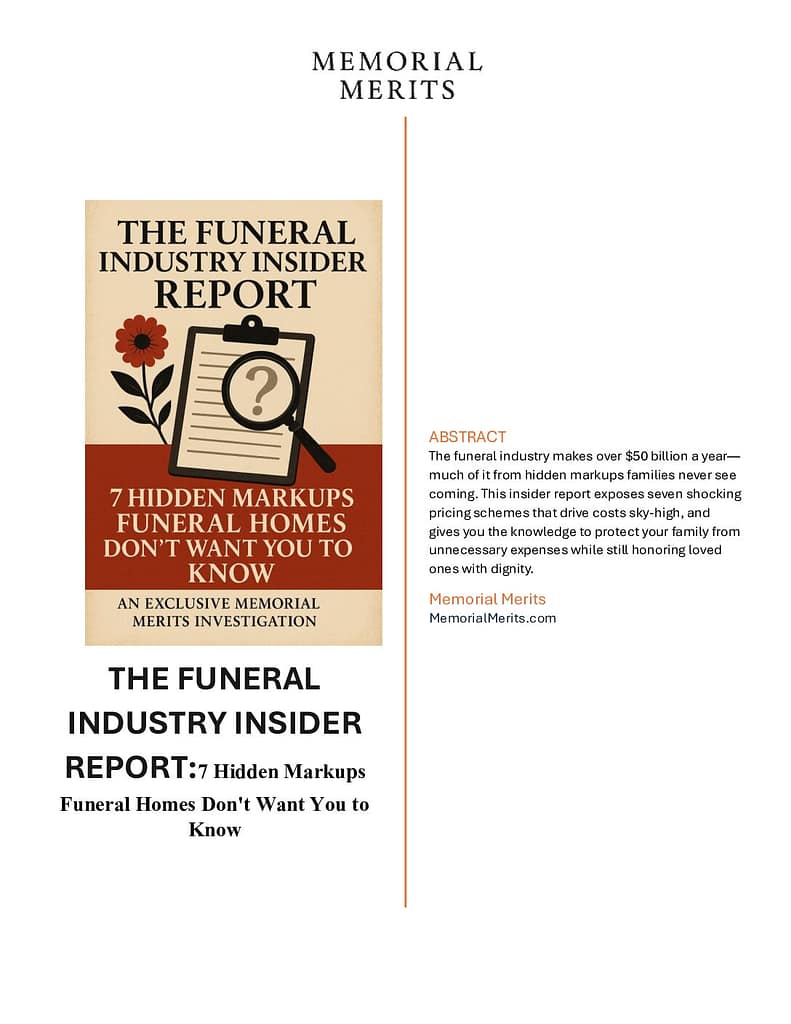 First page preview of Funeral Industry Secrets Exposed from Memorial Merits revealing common industry practices that cost families thousands