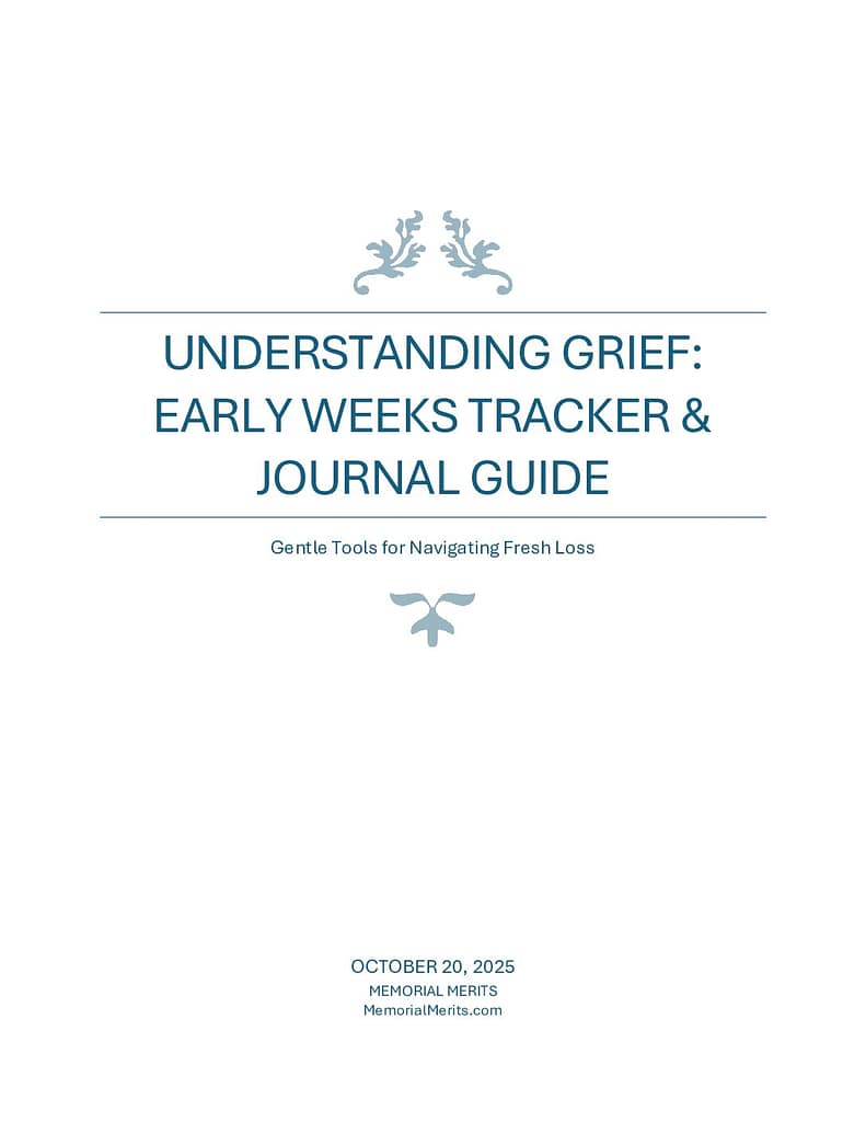 First page preview of the Grief Tracker Journal Prompts from Memorial Merits with guided writing prompts for processing grief through journaling