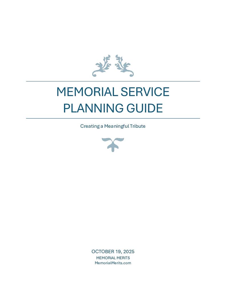 First page preview of the Memorial Service Planning Guide from Memorial Merits with step-by-step guidance for organizing a meaningful memorial
