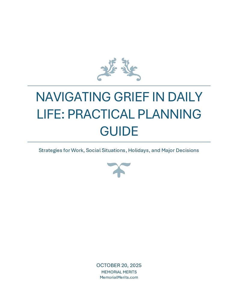 First page preview of the Navigating Grief in Daily Life Planning Guide from Memorial Merits with practical strategies for managing grief alongside everyday responsibilities