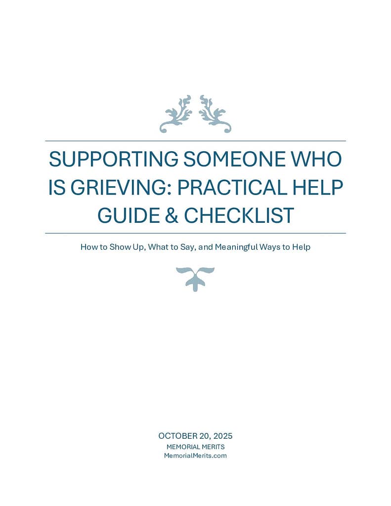 First page preview of the Supporting Someone Grieving Checklist from Memorial Merits with practical guidance on how to help a grieving person