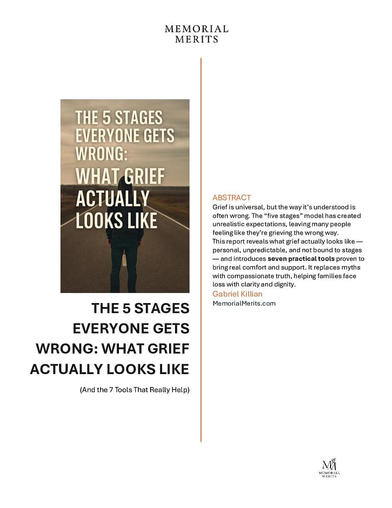 First page preview of The 5 Stages Everyone Gets Wrong from Memorial Merits correcting common misconceptions about the Kubler-Ross grief model