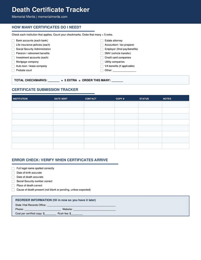 First page preview of the free Death Certificate Tracker Worksheet from Memorial Merits showing fields for tracking certified copies sent to institutions