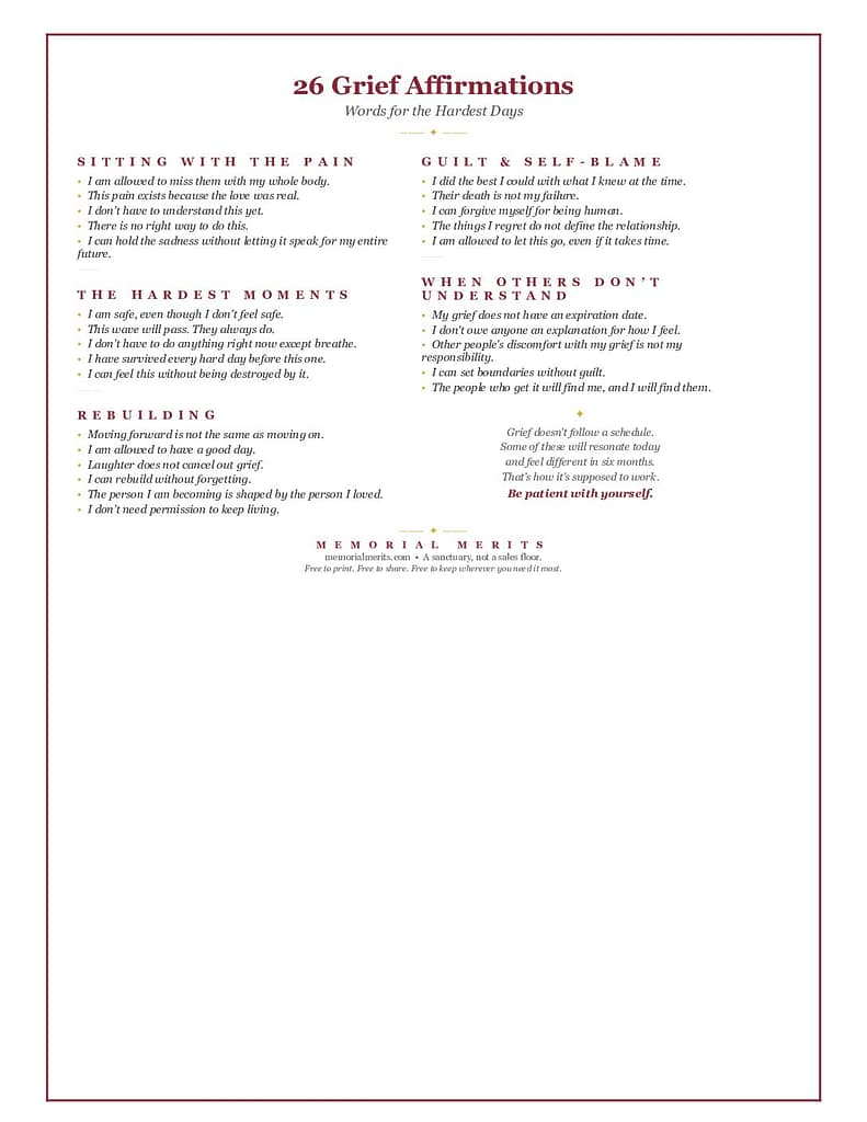 First page preview of the 26 Grief Affirmations Reference Sheet from Memorial Merits organized by emotional experience with research-backed affirmations