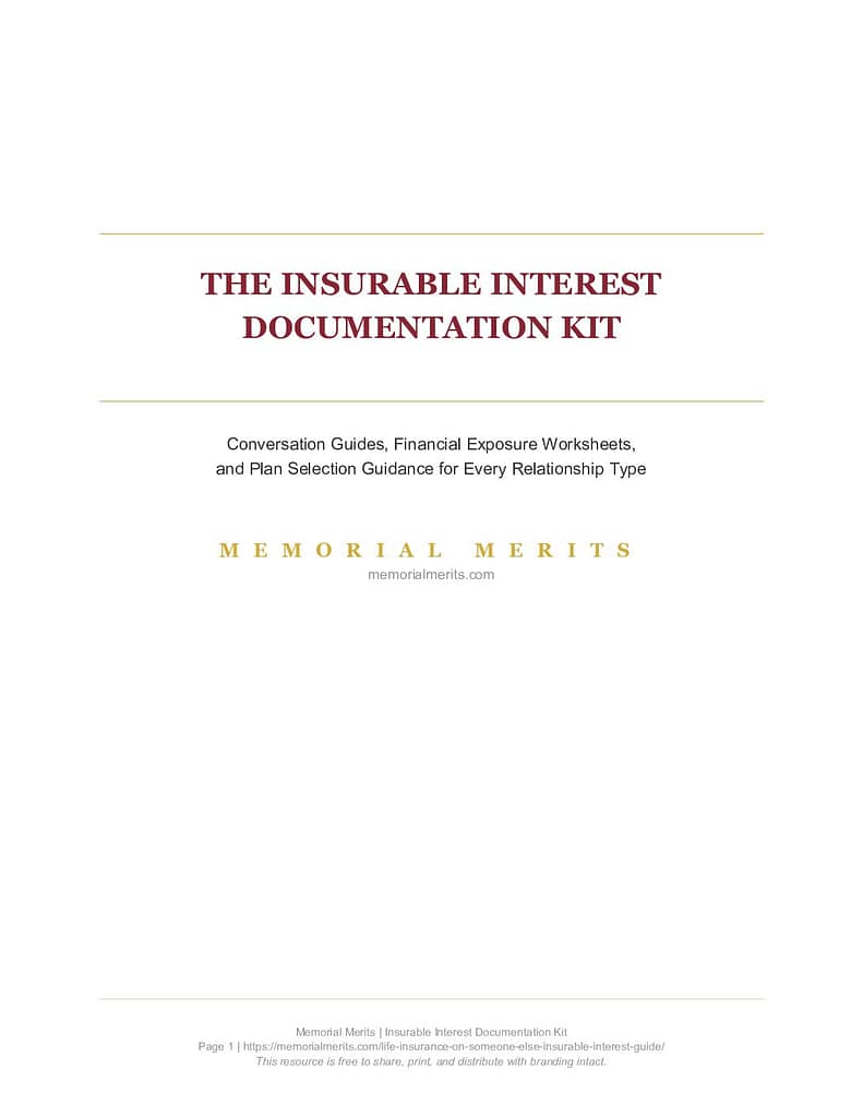 Cover of The Insurable Interest Documentation Kit, a free 16-page workbook from Memorial Merits covering conversation guides, financial exposure worksheets, and plan selection for non-standard life insurance situations