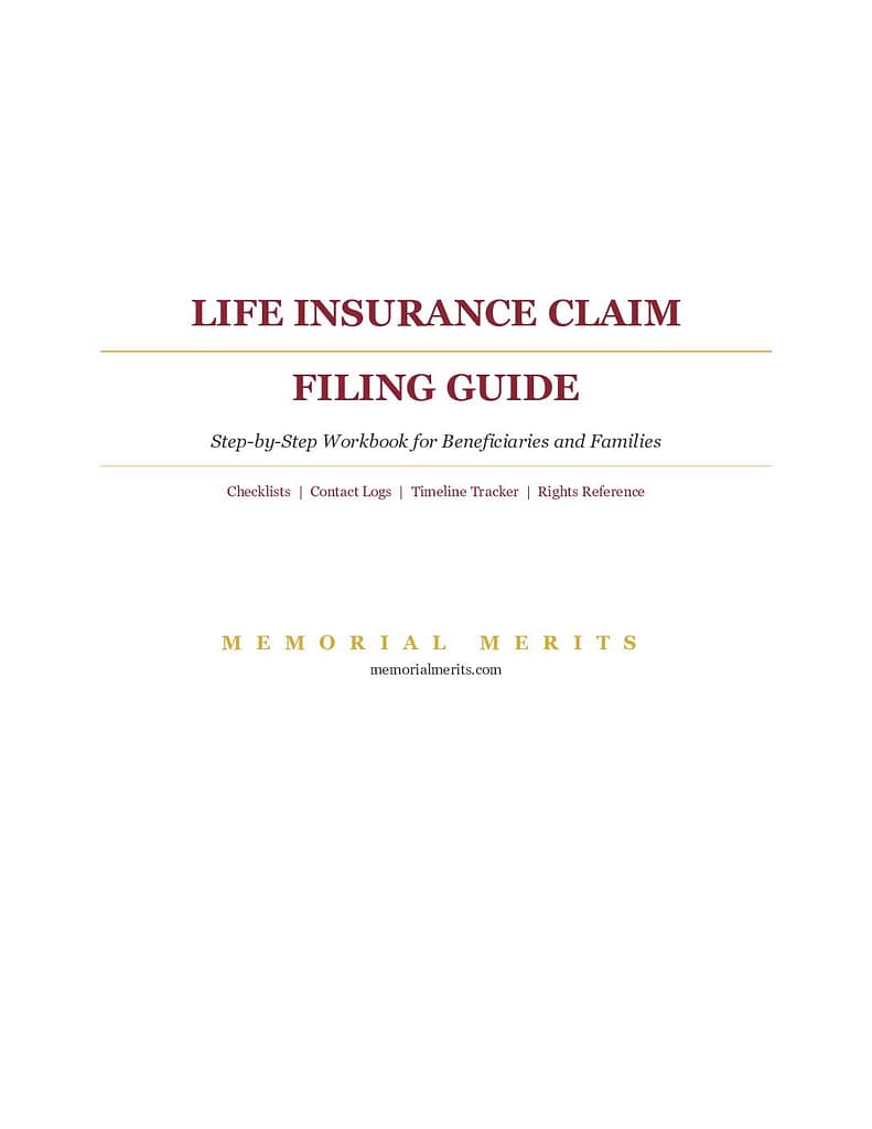 Life Insurance Claim Filing Workbook cover page with burgundy and gold Memorial Merits branding for beneficiaries and families