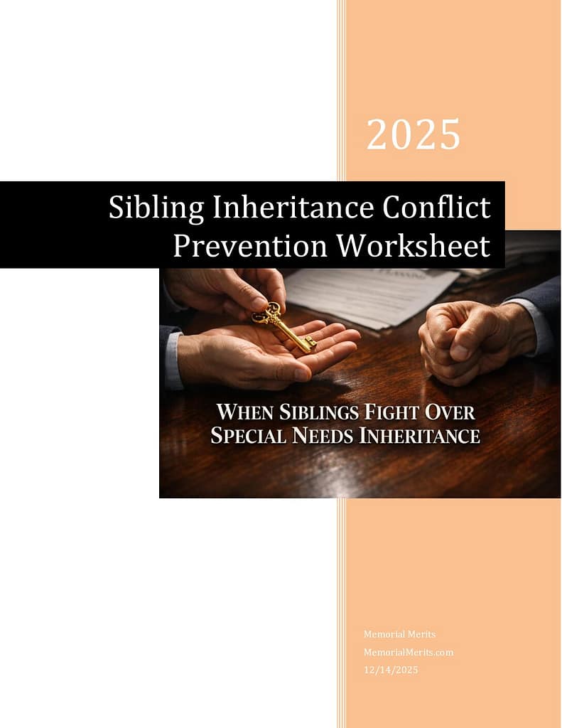 First page preview of the Sibling Inheritance Conflict Worksheet from Memorial Merits for identifying and resolving potential inheritance disputes between siblings