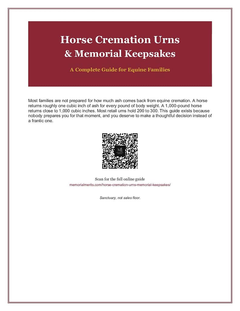Cover of the Horse Cremation Urns and Memorial Keepsakes guide showing burgundy and gold branding on a country and farm themed cover page