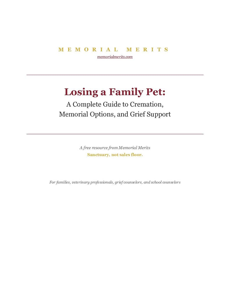 Cover of Losing a Family Pet guide showing title and Memorial Merits branding on cream background with burgundy typography