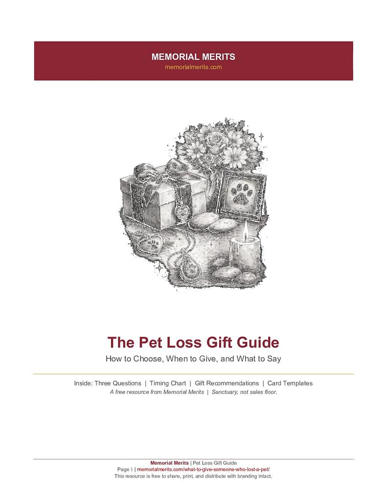 Flat lay of a wrapped gift, sympathy card, and white flowers representing a guide to pet loss gifts