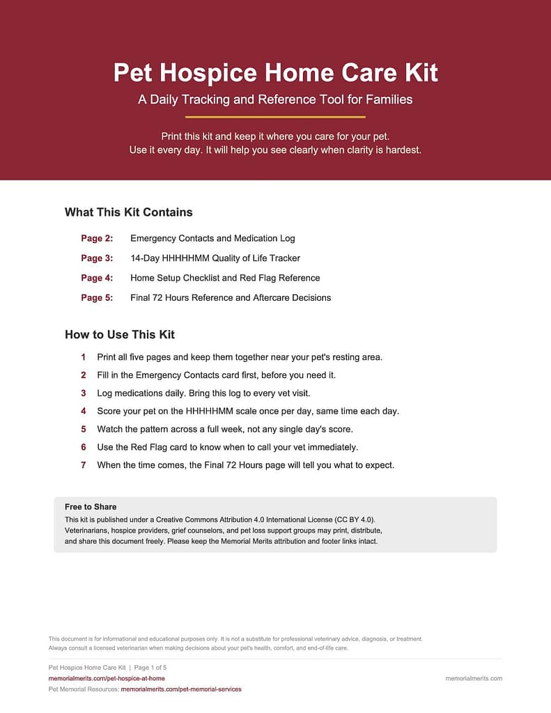 Pet Hospice Home Care Kit client distribution PDF for veterinary and grief professionals
