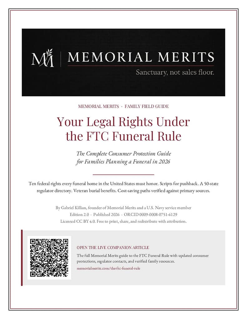 Memorial Merits 21-page FTC Funeral Rule family field guide PDF cover showing your federal consumer rightsc