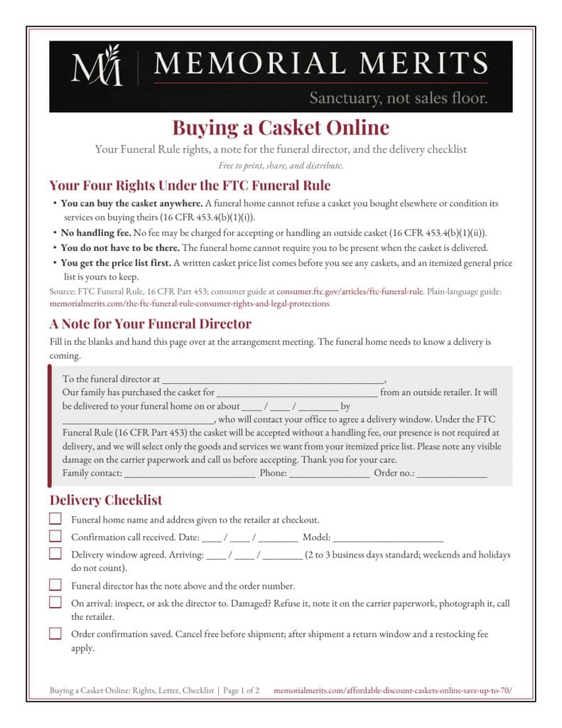 Memorial Merits Casket Delivery Kit PDF cover, a two page printable with your FTC Funeral Rule rights, a note for the funeral director, and the delivery checklist