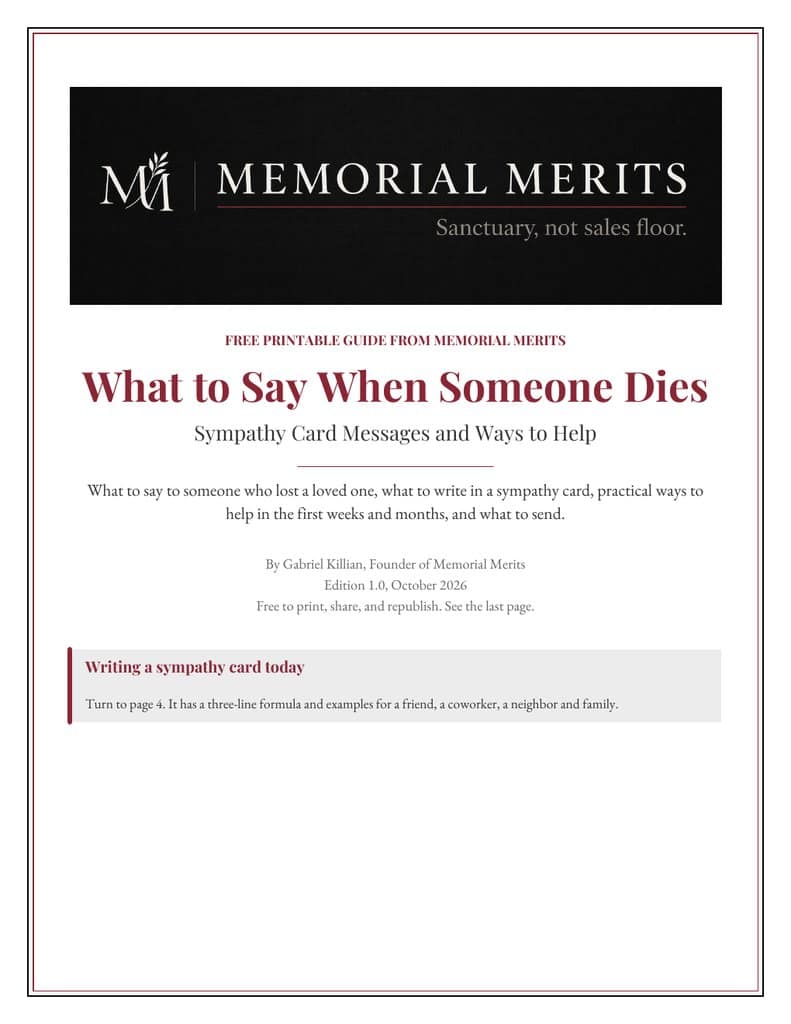 Cover of the free What to Say When Someone Dies sympathy card messages PDF from Memorial Merits