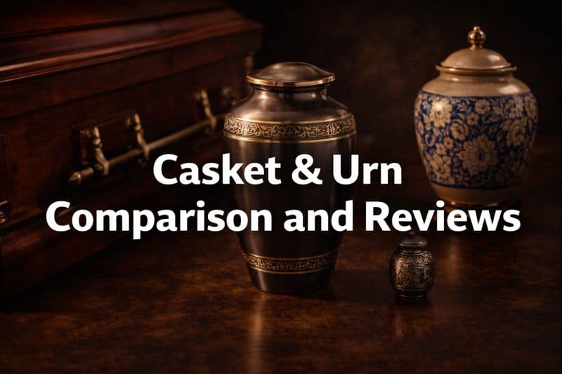 Casket and urn comparison guide featuring wood caskets, metal caskets, decorative urns, and keepsake urns with pricing and feature reviews