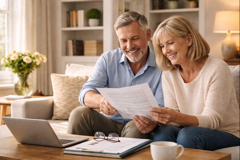 Retired couple smiling with relief after completing estate planning documents representing successful Ethos users