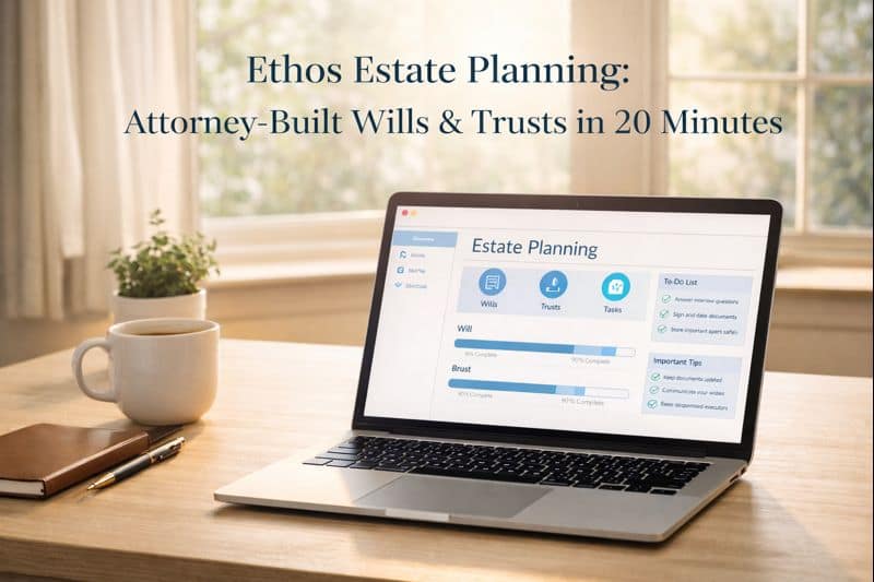 Ethos estate planning dashboard on laptop in peaceful home office showing attorney-built online wills and trusts interface