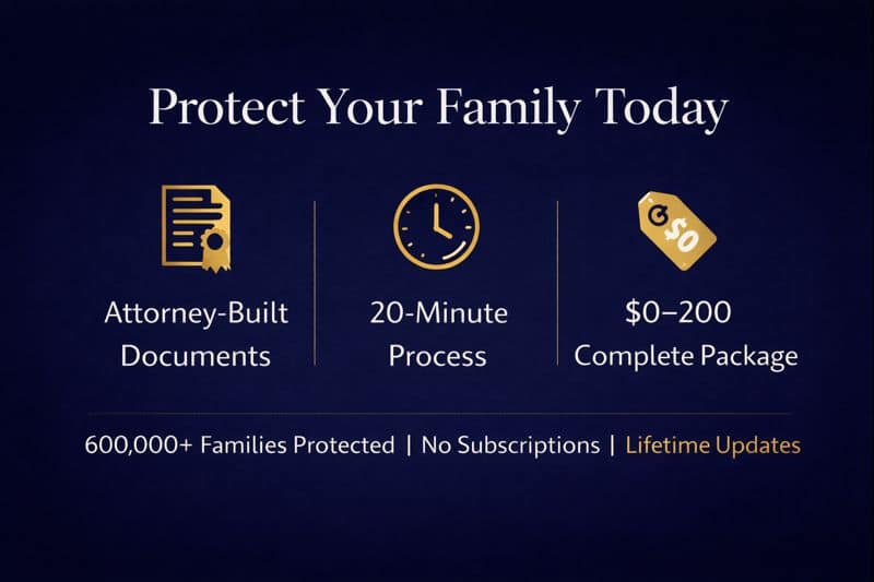 Promotional image encouraging families to create estate planning documents with Ethos showing attorney-built protection for $0-200