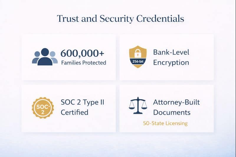 Trust and security credentials showing Ethos 600,000+ users, bank-level encryption, SOC 2 certification, and attorney-built documents