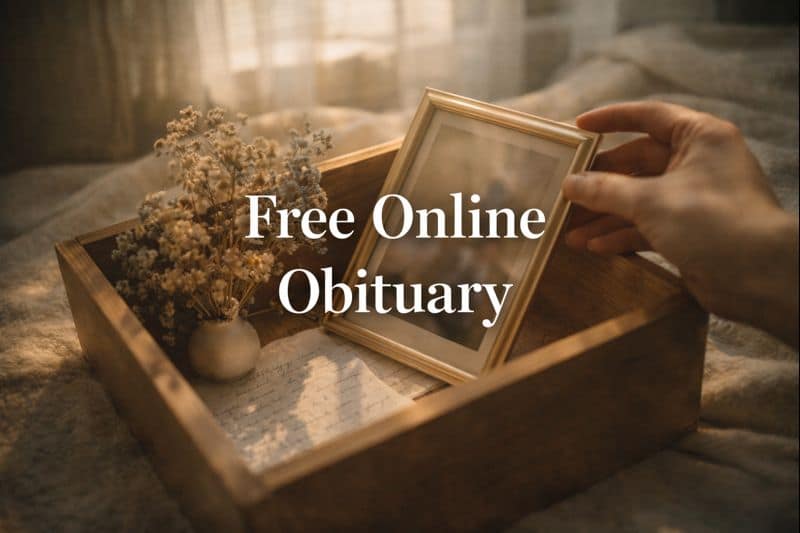 Hands placing a framed photo into a memory box with dried flowers and letters, soft natural light, representing free online obituary creation and digital memorial tributes