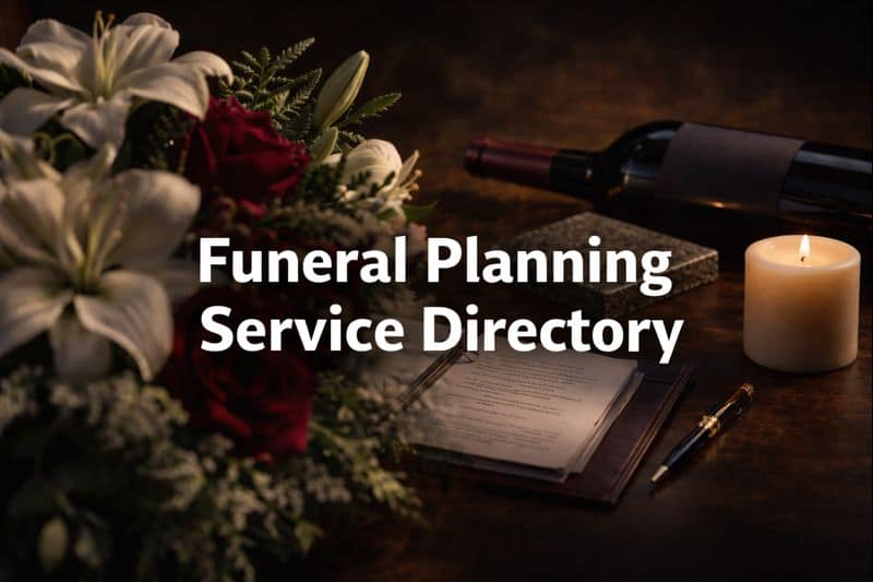 Funeral planning service directory featuring caskets, urns, monuments, cremation services, flowers, and sympathy gifts with transparent pricing