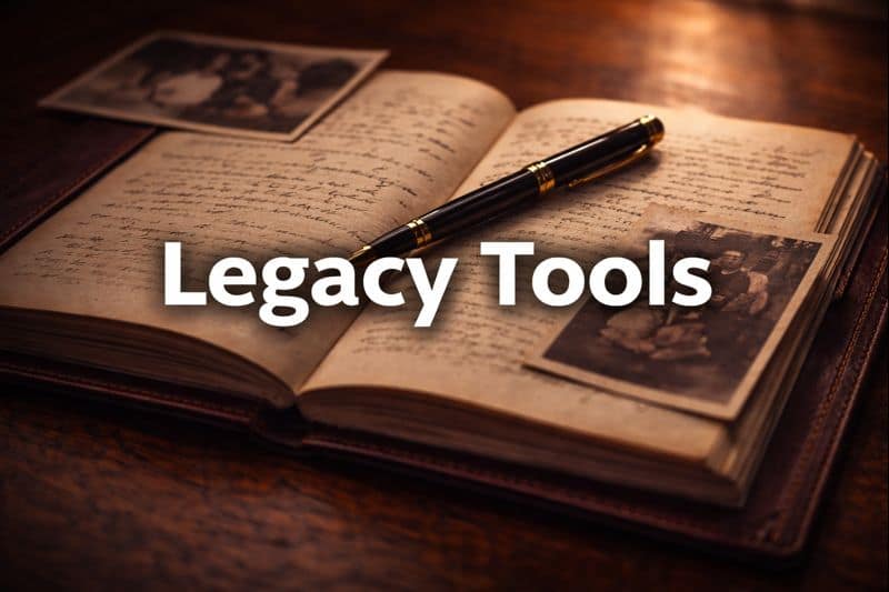 Legacy tools and memory preservation services directory - open vintage leather journal with handwritten pages and family photographs