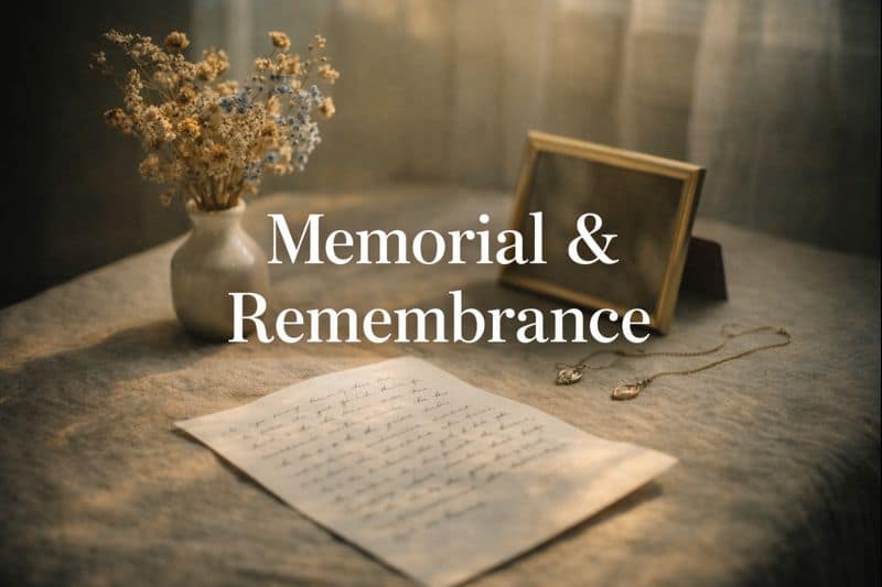 Soft natural light on dried flowers, handwritten letter, face-down photo frame, and delicate jewelry on linen surface representing memorial keepsakes and remembrance