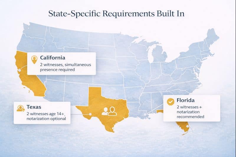 Map infographic showing state-specific will and trust requirements for California, Texas, and Florida demonstrating Ethos compliance