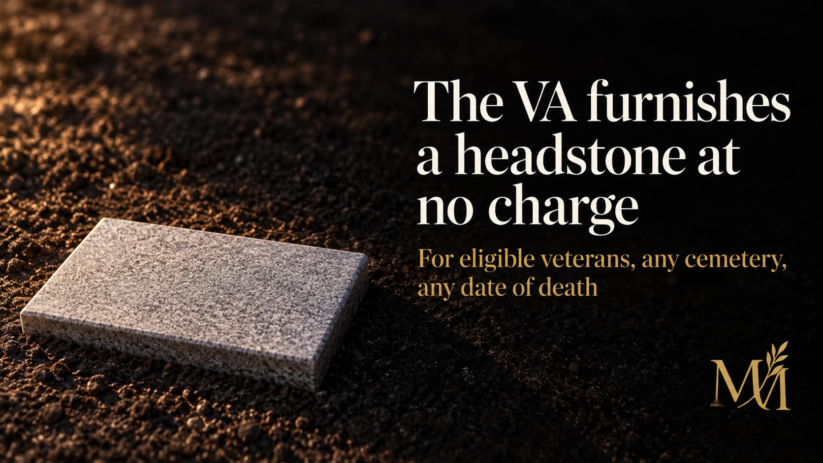 Flat granite military grave marker set flush into dark earth, illustrating the VA headstone furnished at no charge for eligible veterans